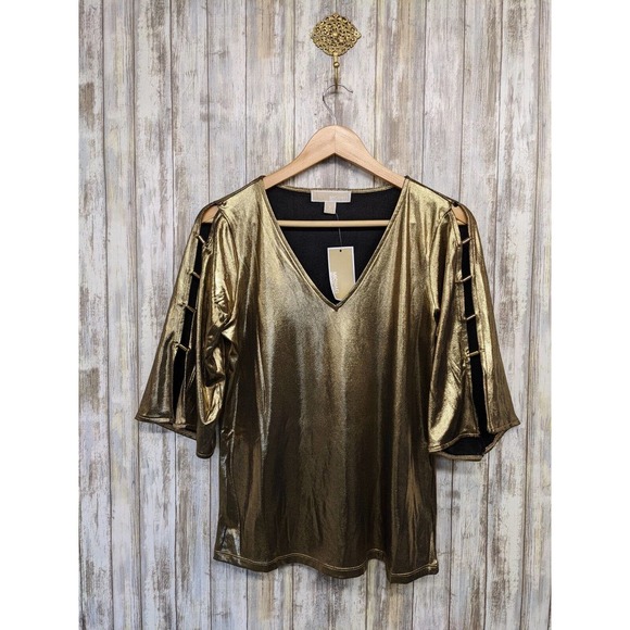 Michael Kors Gold Shimmer Blouse Antique Brass 3/4 Bell Sleeve Small NWT $110 - Picture 1 of 10